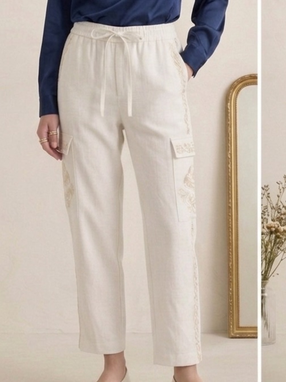 Vince Cropped Drawstring Cargo Pants Cream Viscose Elastane Blend Size Medium